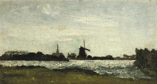 Theo van Doesburg River landscape with steeple and mill.
